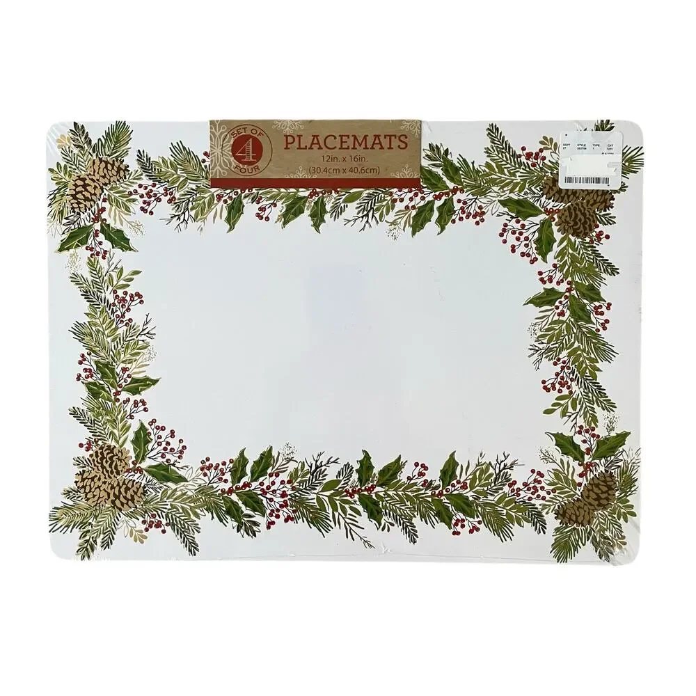 Christmas Cork Backed Hard Placemats Holiday Holly & Pine Garland Set of 4 New